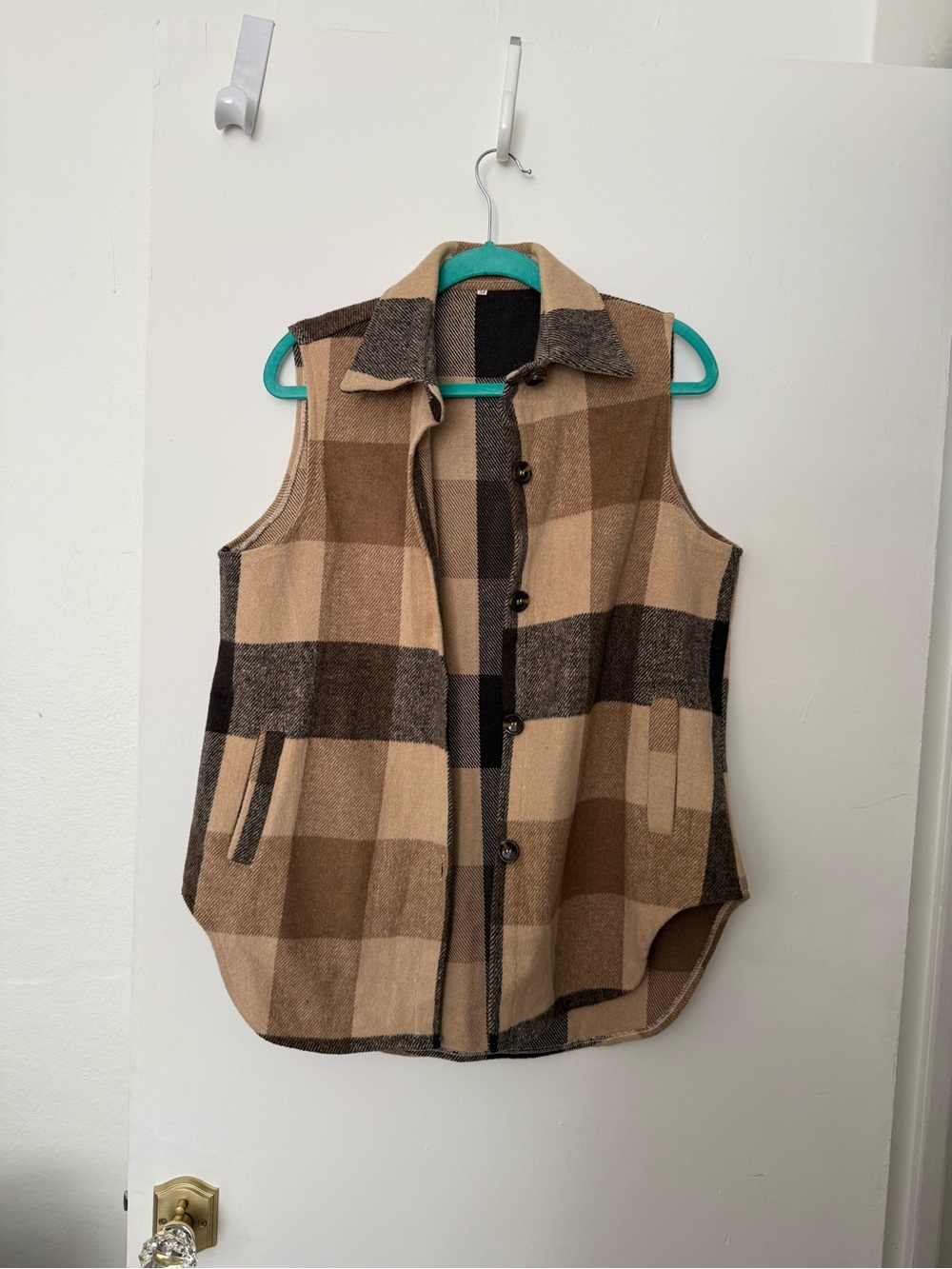 Plaid Wool-Blend Button Front Vest in Tan and Brown